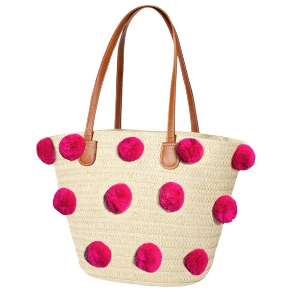 Shiraleah Handbags - SHIRALEAH • Klo Pom Pom Straw Tote Beach Bohemian Shopper Bag